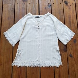Vintage 70's S white crochet lace covered button 1/4 sleeve hippie blouse top